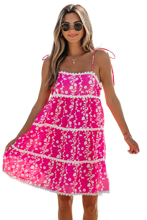 Pink Floral Print Ric Rac Patched Sleeveless Mini Dress